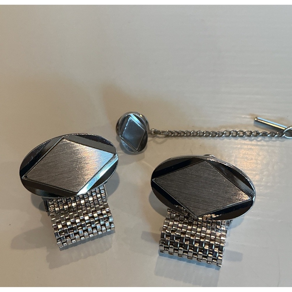 Vintage Silver Tone Wraparound Mesh Cuff Links With Matching Tie Tack